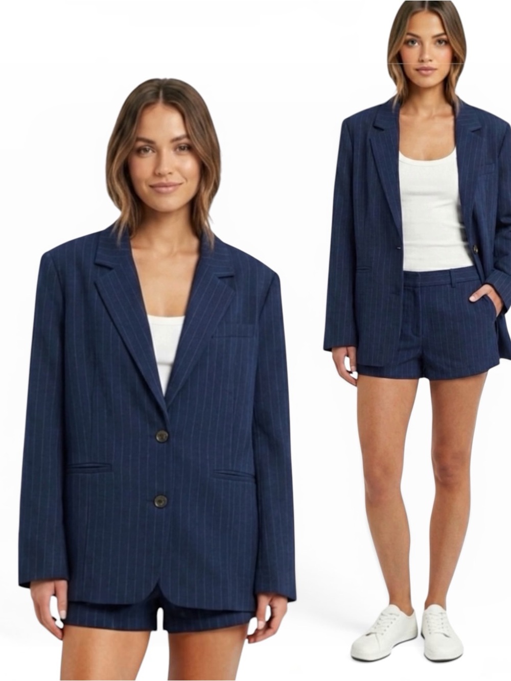 Women's LIONESS Blue Pinstripe Oversized Blazer Shorts Suit Set Size Small